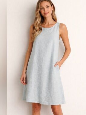 Sigrid Olsen Sleeveless 100% Linen Light Blue Dress with Pockets L Beach Resort
